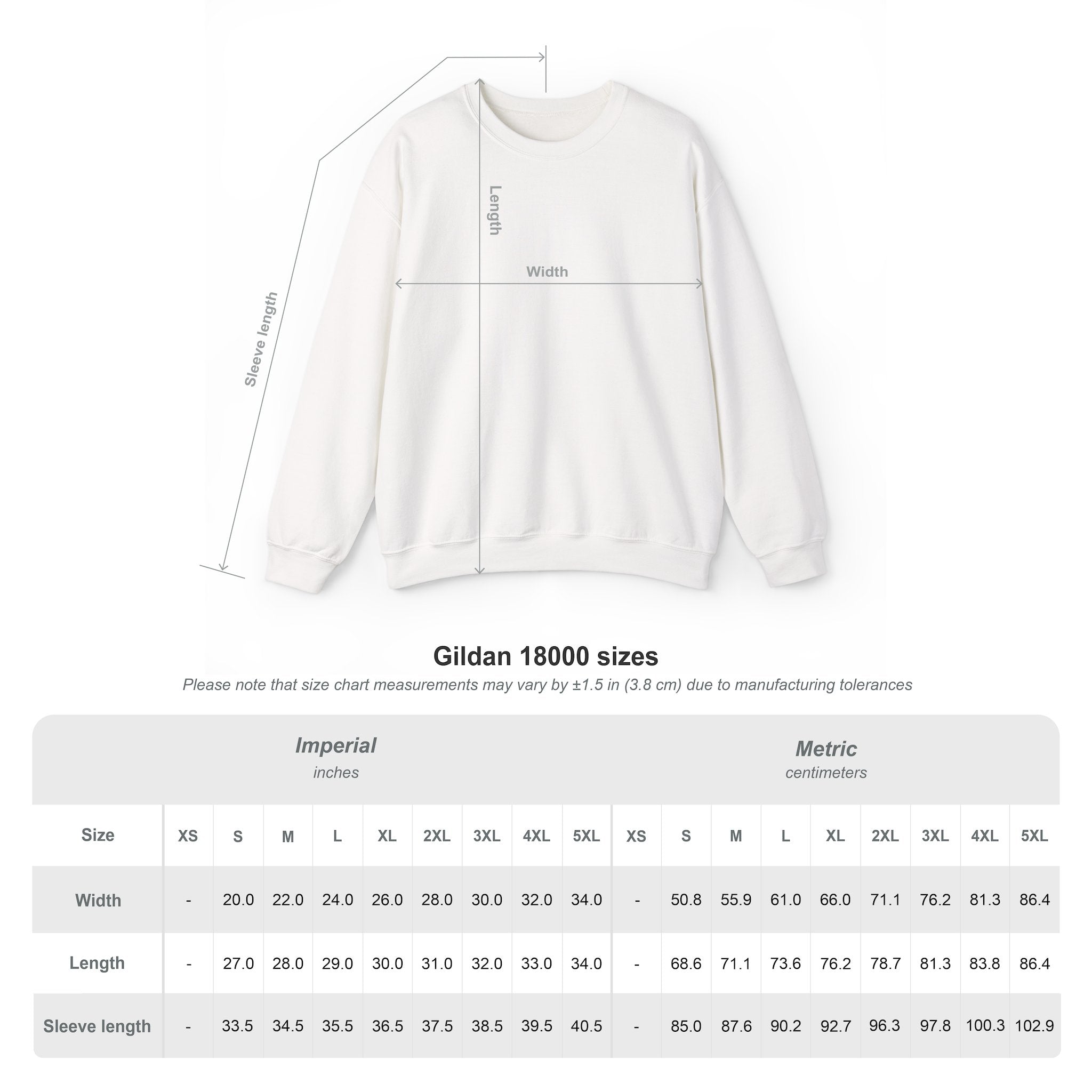 sweatshirt measurement chart on a white background