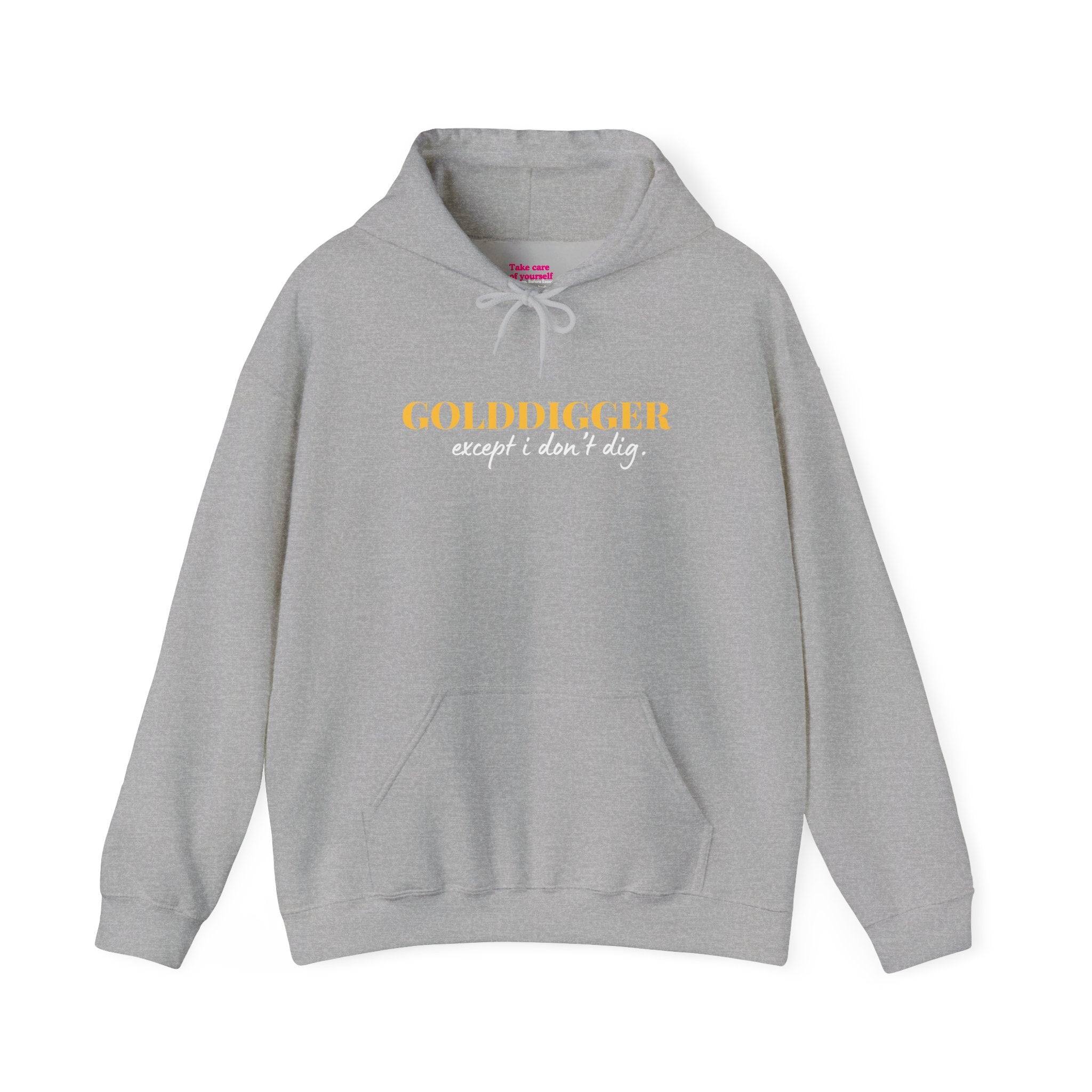 Gray hoodie with text 'GOLDDIGGER except i don't dig' on a white background