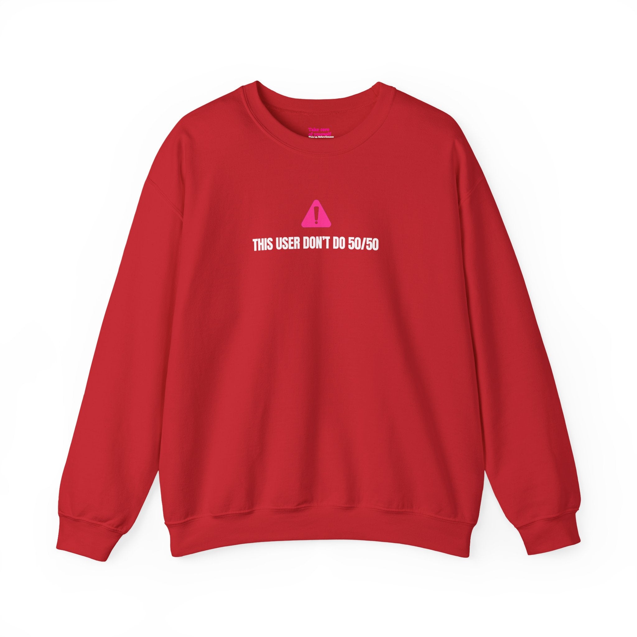 This user don’t do 50/50 sweatshirt - Red sweatshirt with text and logo on a white background