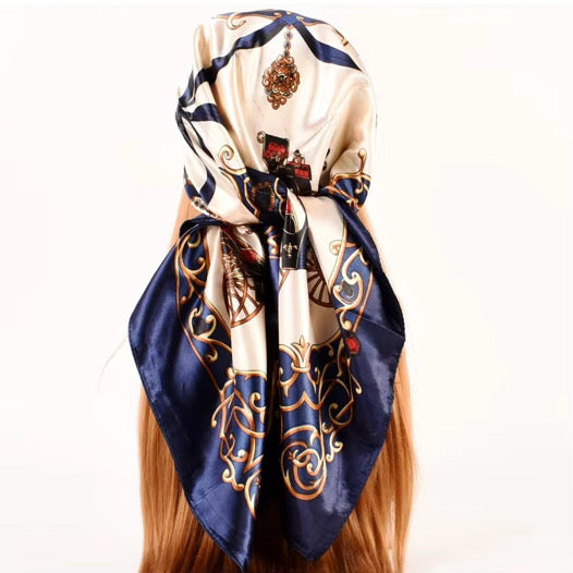 1pc Navy Aura Protector: Silky Satin Boho Headscarf